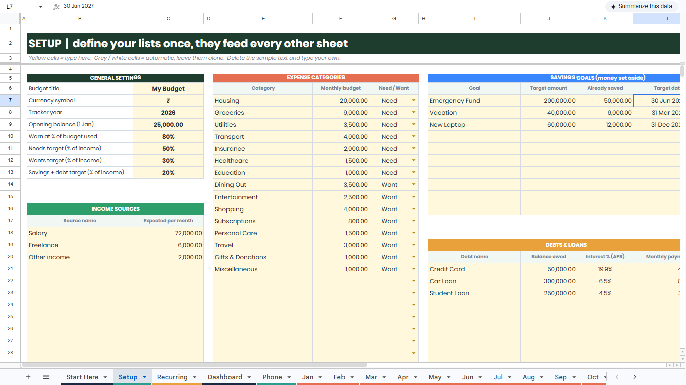 Setup sheet with currency, category budgets, goals and debts