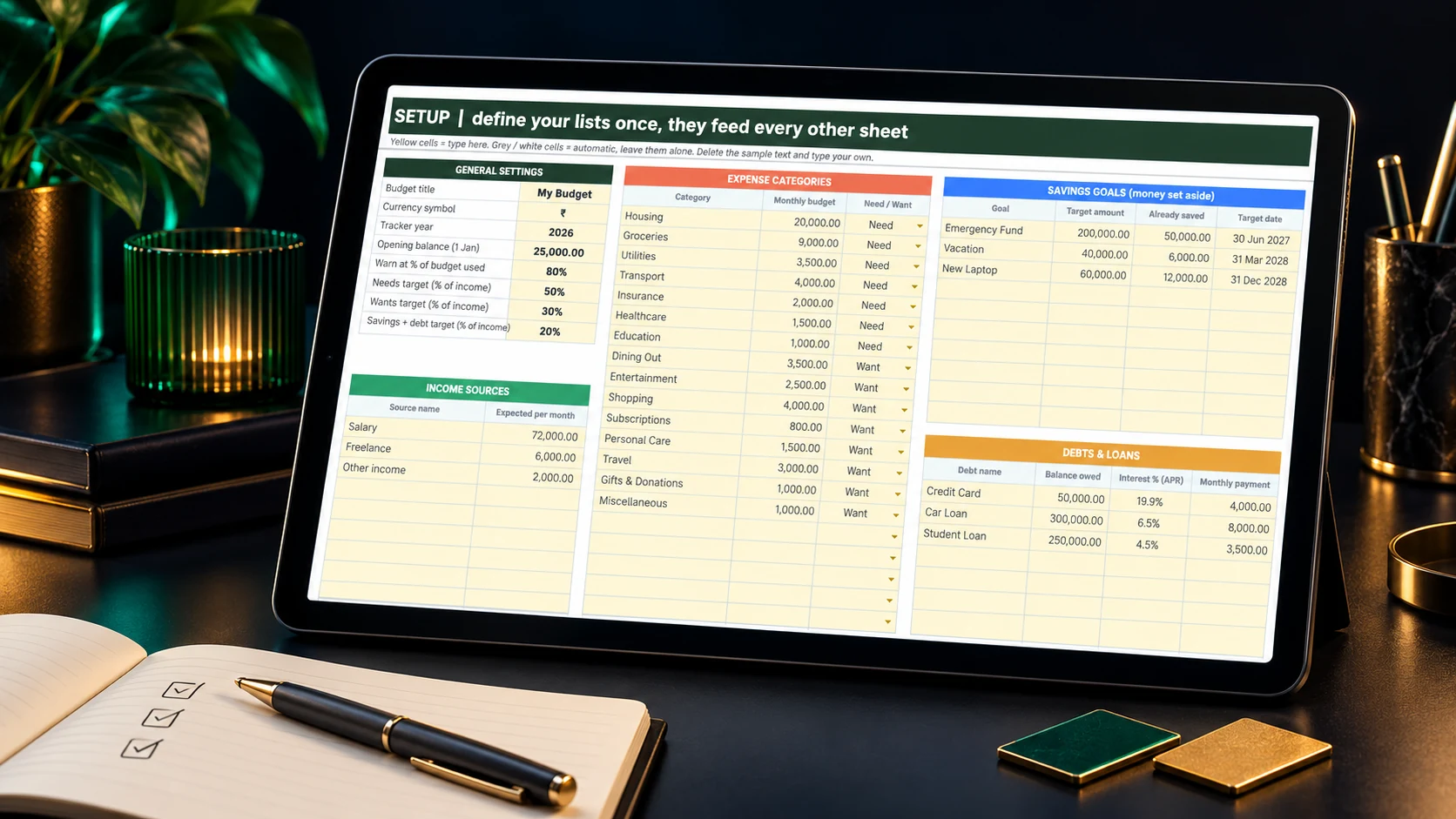 Setup spreadsheet shown on a tablet